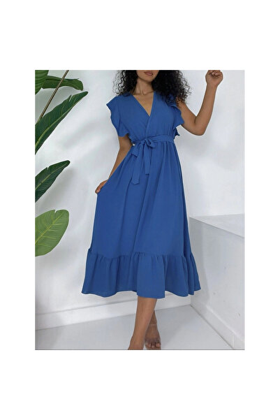 MissRunin فستان أيروبين بأكمام مكشكشة على الكتفين وخصر مطاطي وأربطة - أزرق داكن