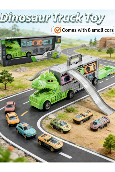 Generic لعبة شاحنة ديناصورات مع 8 سيارات صغيرة، سيارة نقل، شاحنة حاملة، لعبة ...