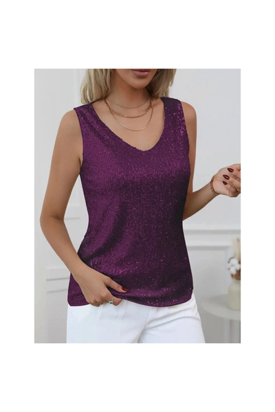 MissRunin بلوزة بدون أكمام مزينة بالترتر - برقوقي