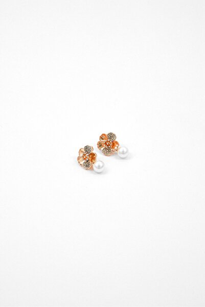 Casa Caracol Women Flower Pearl Stud Earrings, Rose Gold/Ivory