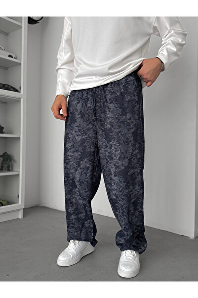 BYBASICMAN Navy Blue Patterned Baggy Pants Jj-135