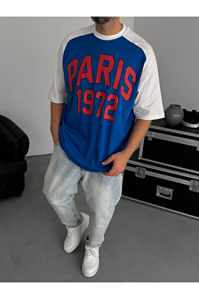 BYBASICMAN Blue Paris Printed Oversize T-Shirt Jj-343