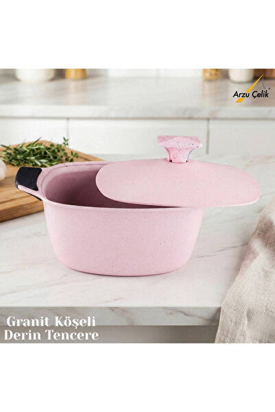 Katre 24 cm Granite Cornered Deep Pot with Aluminum Lid - Pink