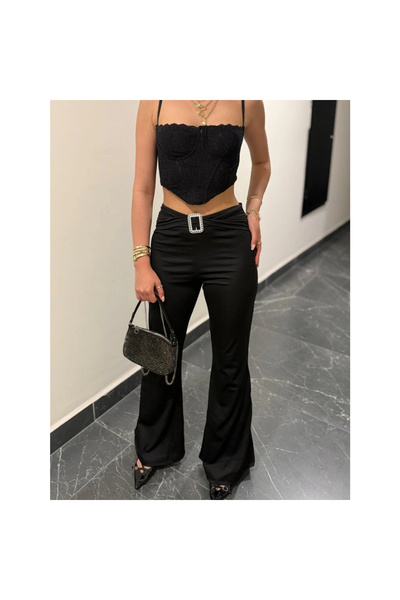 Genel Markalar Kadın Yüksek Bel Tokalı Ispanyol Paçalı Dalgıç Pantolon