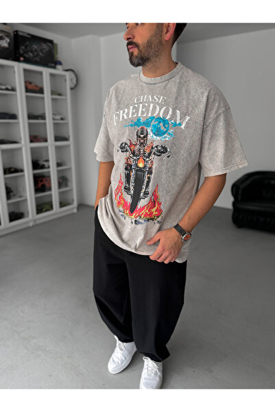 BYBASICMAN Gray Freedom Printed Washable Oversize T-Shirt Jj-190