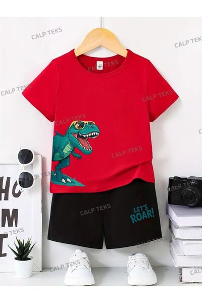 CALP TEKS SET DE VARĂ PENTRU COPII YANDAN, CU IMprimeu DINOZAU, TRICOU ȘI PAN...