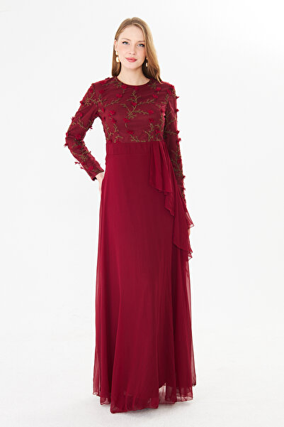 Rora Women's Embroidered Long Sleeve Maxi Chiffon Evening Dress