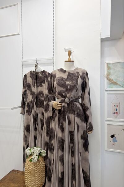 Faya Boutique Vizon Desenli Stonella Şifon Elbise