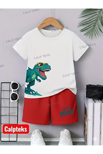 CALP TEKS طقم صيفي للأطفال من ياندان، تي شيرت وشورت مطبوع عليه ديناصور