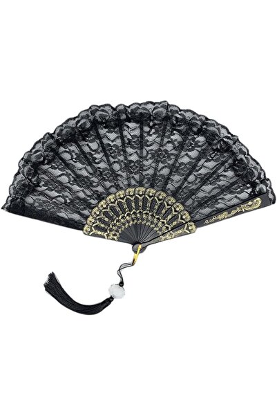 Generic مروحة يدوية قابلة للطي من الدانتيل الأسود، مروحة صينية أنيقة بتصميم ك...