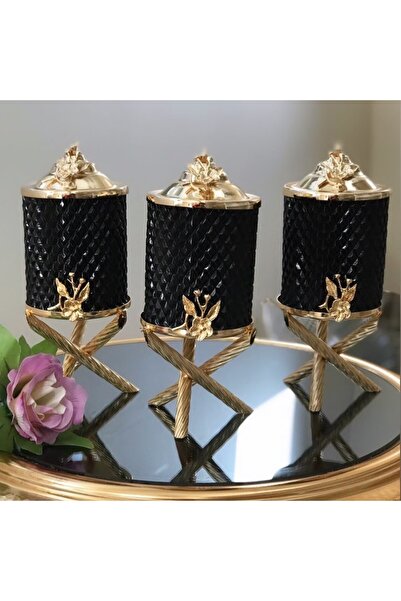 AZADE BAKIR GOLD PİRİNÇ JAPONGÜL MİNİ SİYAH KRİSTAL KAVANOZ 3’LÜ SET