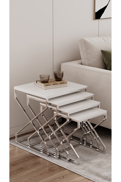 Nies Aksesuar HAYAL 4'LÜ SEHPA GÜMÜŞ KAPLAMA BEYAZ MEBRAN MDF