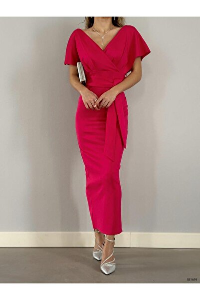 Modafeminen فستان حفلات بطول متوسط مع ياقة مزدوجة وحزام 581699 فوشيا