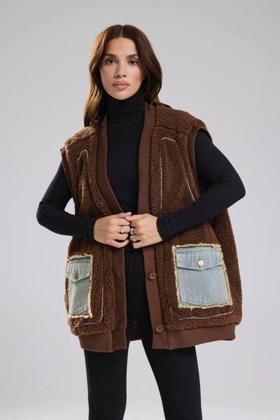 tw3 Kadın Peluş Denim Kumaş Detaylı İçi Astarlı Oversize Tasarım Yelek