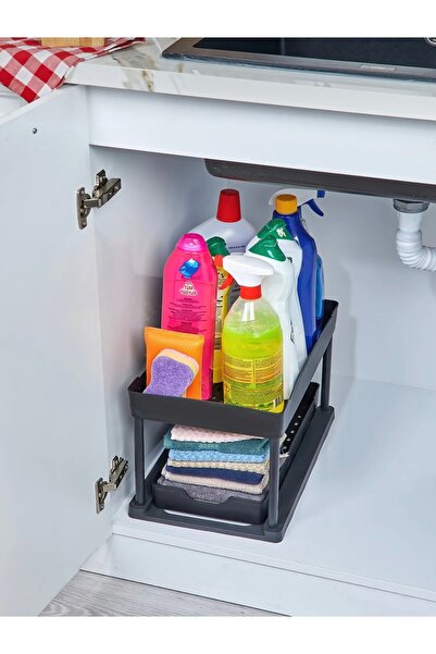 Lumindra 2 Katlı Siyah Düzenleyici Sürgülü Mutfak Rafı Banyo Rafı Dolap Tezga...