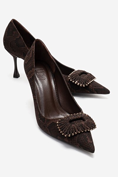 LuviShoes Rebel Brown Patterned Buckle Women's Heeled Shoes