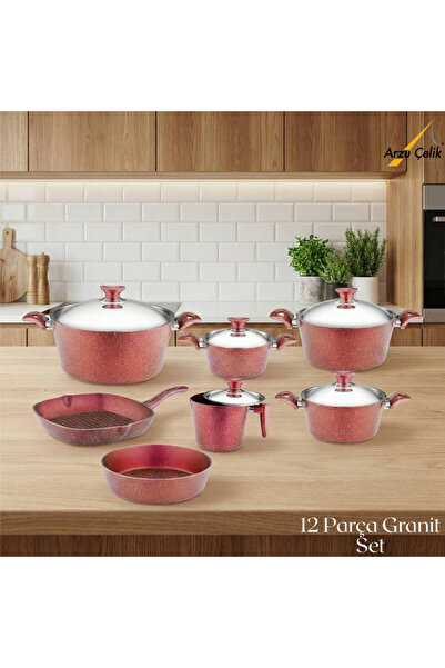 Arzu Çelik 12 Piece Granite Set Steel Lid - Red