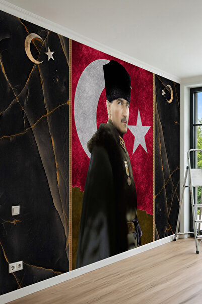 MİRAZAWALL Atatürk Portreli Türk Bayrağı ve Mermer Doku Detaylı Tekstil Duvar...