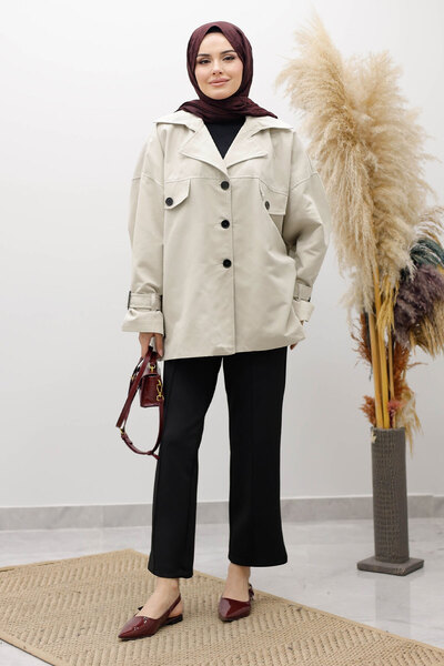 Tesettür Dünyası Тренч с еполети и двойно закопчаване TSD260128 Цвят камък