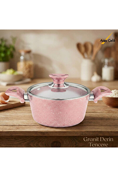 Arzu Çelik 18 cm Granite Deep Pot Glass Lid - Pink