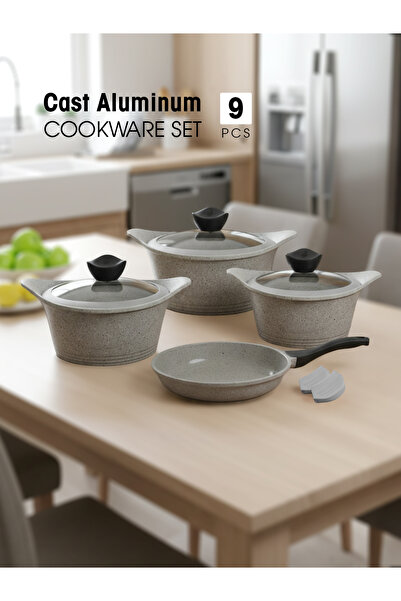 KOZE 9-Piece Cast Aluminum Cookware Set with Granite Coating, Non-Stick Cookw...