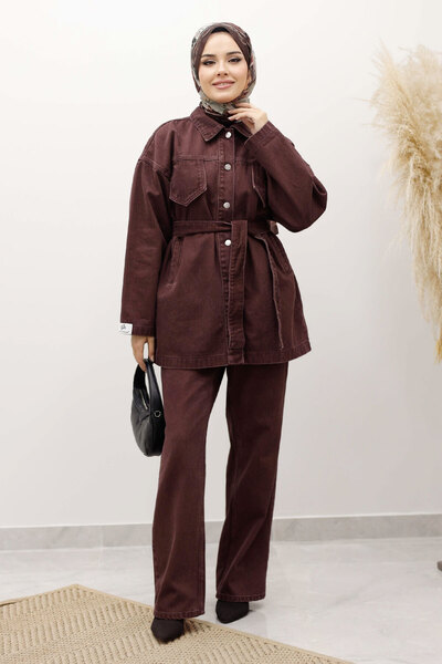 Tesettür Dünyası Belted Denim Suit Tsd250231 Claret Red