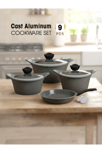 KOZE 9-Piece Cast Aluminum Cookware Set with Granite Coating, Non-Stick Cookw...