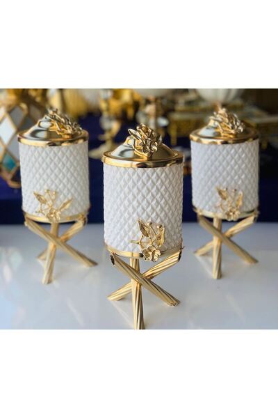 AZADE BAKIR GOLD PİRİNÇ JAPONGÜL BEYAZ KRİSTAL KAVANOZ 3’LÜ SET