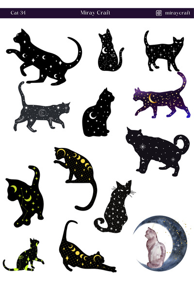 MirayDesign 1 Galaxy & Black Cat Themed Sticker Sheet (12×17 cm)