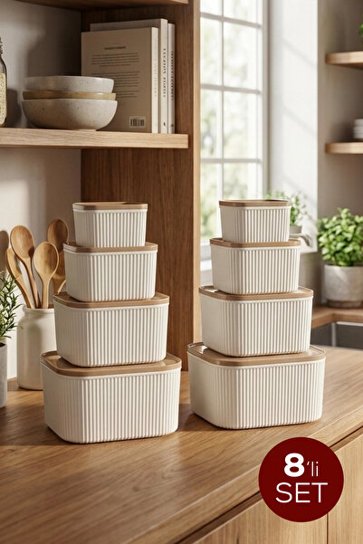 Vienev 8-Piece Striped Square Storage Container Set Beige - Microwave and Fre...