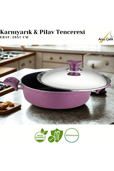 Arzu Çelik 28 cm Granite Pot & Pilav Pot Steel Lid - Plum