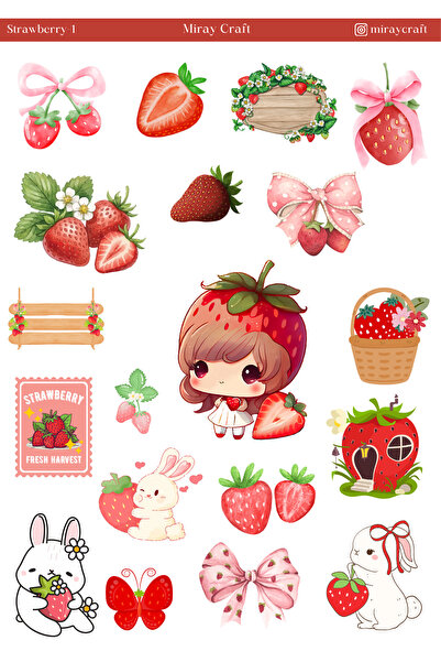 MirayDesign 1 Adet Çilek Temalı Sticker Sayfası (12×17 cm)