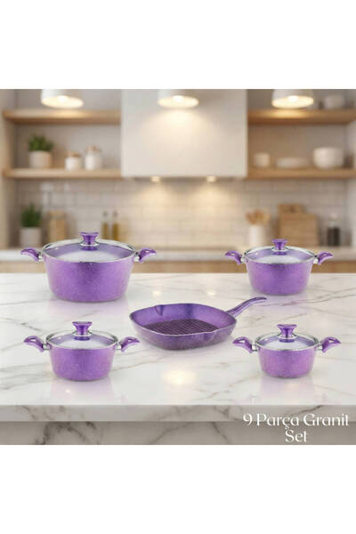 Arzu Çelik 9 Piece Granite Set Glass Lid - Violet