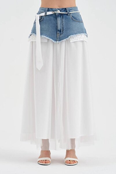 tw3 Kadın Denim Garnili İnci ve Kravat Kemer Detaylı Tasarım Uzun Etek