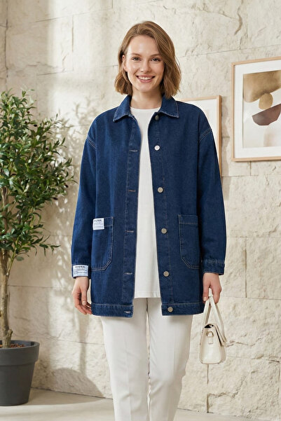 Hb Harma Time Butik Women's Pocketed Buttoned Denim Jacket in Navy Blue