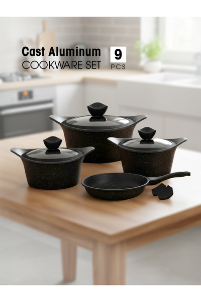 KOZE 9-Piece Cast Aluminum Cookware Set with Granite Coating, Non-Stick Cookw...