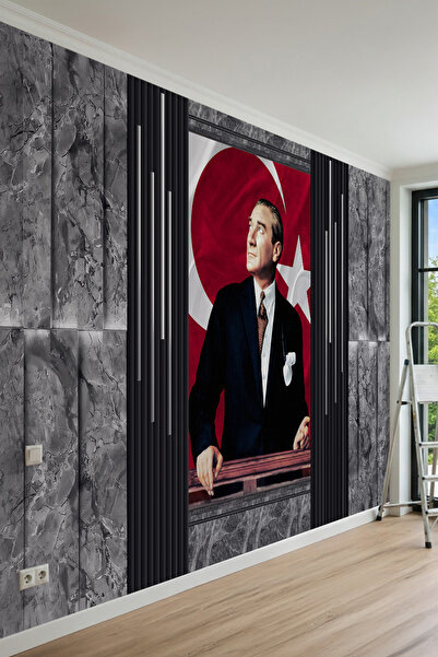 MİRAZAWALL Atatürk Portreli Türk Bayrağı ve Modern Mermer Görünümlü Tek Parça...