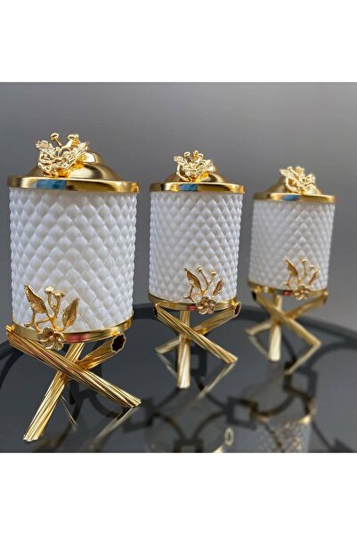 AZADE BAKIR GOLD PİRİNÇ JAPONGÜL BEYAZ KRİSTAL KAVANOZ 3’LÜ SET