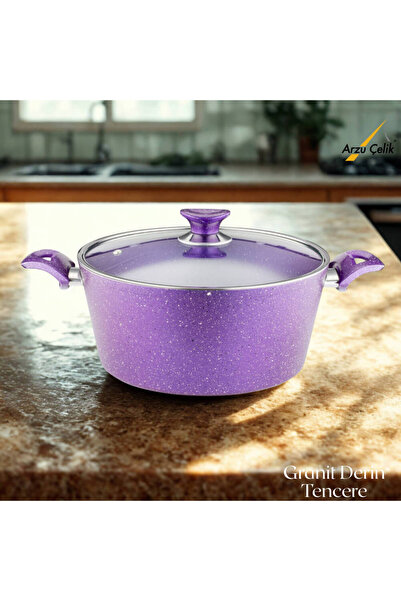 Arzu Çelik وعاء جرانيت عميق مقاس 28 سم بغطاء زجاجي - بنفسجي