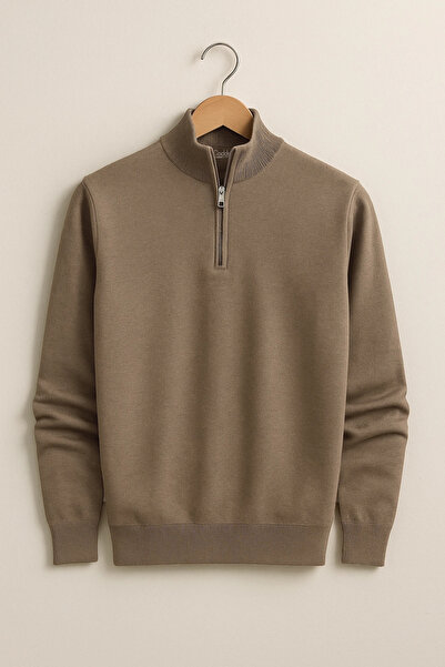Edwox Men's Half Zipper Regular Fit Sweater Brown Cd116