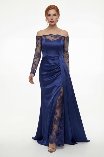 Lafaba Women's Navy Blue Boat Neck Lace Detail Long Evening Dress with Train