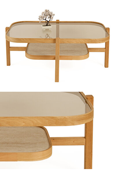 Eymense Godi Camlı Orta Sehpa Traverten Desen