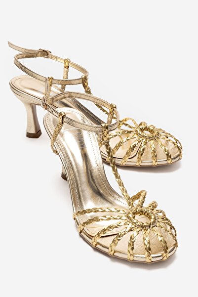 LuviShoes GERALD Altın Örgü Bantlı Kadın Topuklu Ayakkabı
