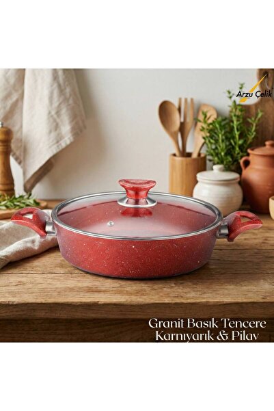 Arzu Çelik 26 cm Granite Pot & Pilav Pot Glass Lid - Red