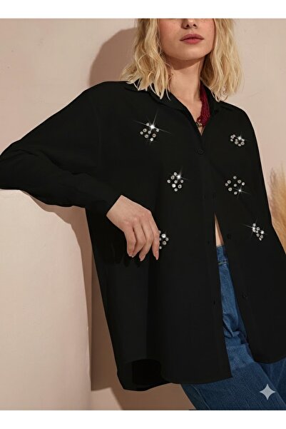 Amorti Women's Baby Blue Stone Embroidered Oversize Cotton Shirt - Premium Se...