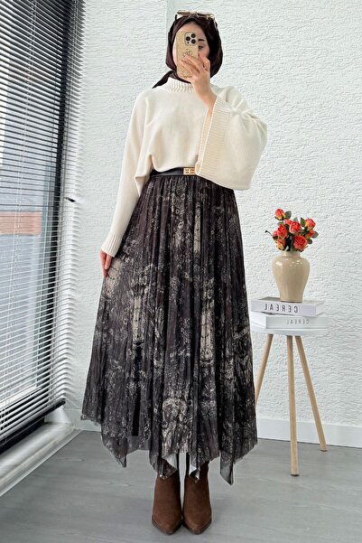 MELEK ARAZ Asymmetrical Cut Lined Tulle Midi Skirt - Brown