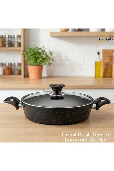Arzu Çelik 26 cm Granite Pot & Pilav Pot Glass Lid - Black