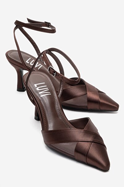 LuviShoes ESTELA Kahverengi Saten File Detaylı Kadın Topuklu Ayakkabı