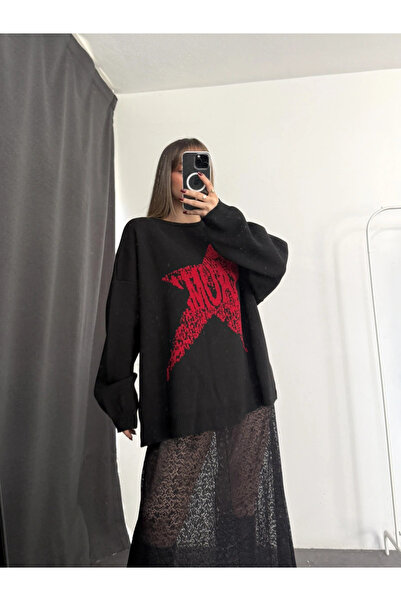 FlosTeel Kadın Siyah Yıldız Desenli Oversize Triko Kazak