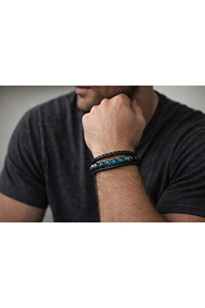 HER ŞEY NOTA www.herseynota.com Black Genuine Leather Multi-Strand Men's Brac...